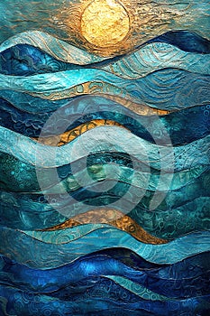 Stylistic textured ocean waves in blue and gold.