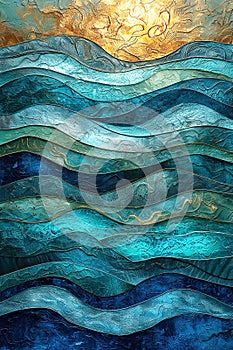 Stylistic textured ocean waves in blue and gold.