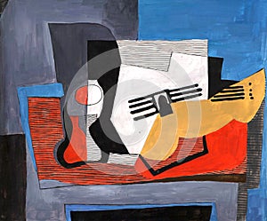 Stylization of the painting Guitar on the Fireplace photo
