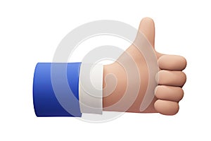 Stylized 3d hand. Thumb up gesture on white isolated background.