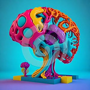 A stylized 3D medical figure with a brightly colored brain, surrounded by a vibrant aura.