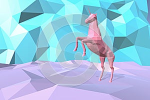 Stylized 3D mesh of a unicorn with low-poly background