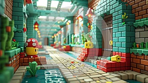 Stylized 3D pixel art corridor from a nostalgic video game. AI generated