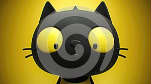 Stylized 3D-rendered black cat with large yellow eyes on a yellow backdrop.