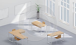 Stylized 3d rendering of an open office with white boards, orthographic perspective