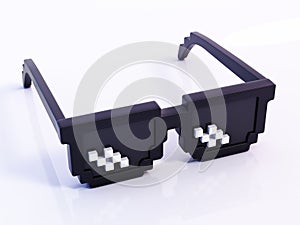 Stylized 8-bit game sunglasses isolated on white background. 3D illustration