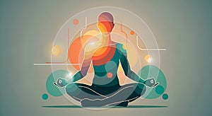 Abstract silhouette of person meditating in lotus pose with colorful circles and lines
