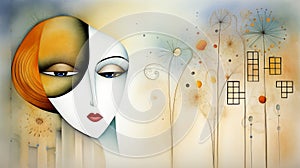 A stylized abstract portrait with a whimsical backdrop.