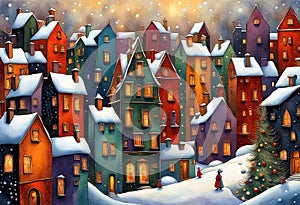 Stylized abstract snowy winter, Christmas decorated fairy fantasy houses background