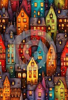 Stylized abstract snowy winter, Christmas decorated fairy fantasy houses background