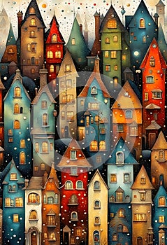 Stylized abstract snowy winter, Christmas decorated fairy fantasy houses background