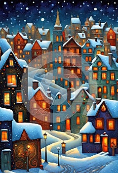 Stylized abstract snowy winter, Christmas decorated fairy fantasy houses background