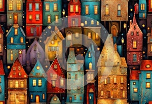 Stylized abstract snowy winter, Christmas decorated fairy fantasy houses background