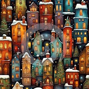 Stylized abstract snowy winter, Christmas decorated fairy fantasy houses background