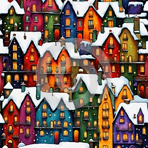 Stylized abstract snowy winter, Christmas decorated fairy fantasy houses background