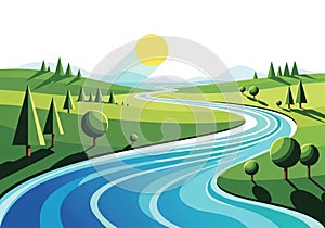 A stylized, AI-generated landscape features a winding blue river