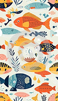 Colorful Aquatic Animals Pattern In Creative Marine Art