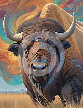 Stylized artistic bison with natural colors, Generative AI
