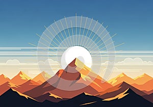 Stylized artwork of a mountain range featuring sharp, angular