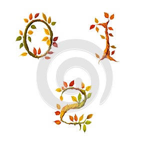 Stylized autumn leaf tree alphabet - digits 0-2