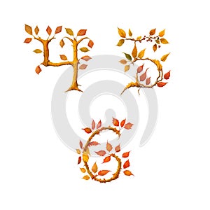 Stylized autumn leaf tree alphabet - digits 4-6