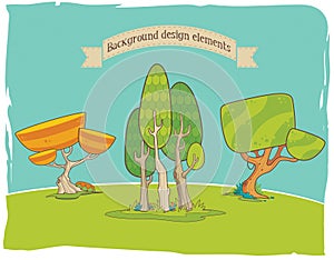 Stylized background design elements: trees