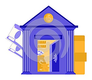 Stylized bank building with large dollar symbol and money illustration. Financial institution concept with currency and