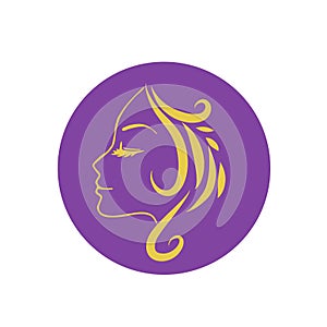 Stylized Beautiful woman\'s face with long hair silhouette. Women\'s hair beauty spa salon logo or symbol.