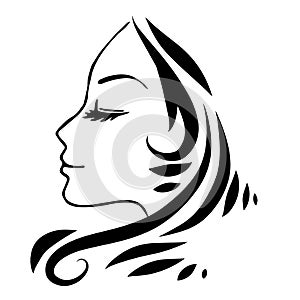 Stylized Beautiful woman\'s face with long hair silhouette. Women\'s hair beauty spa salon logo or symbol.