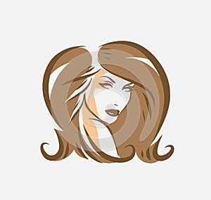 Stylized Beautiful woman\'s face with long hair silhouette. Women\'s hair beauty spa salon logo or symbol.