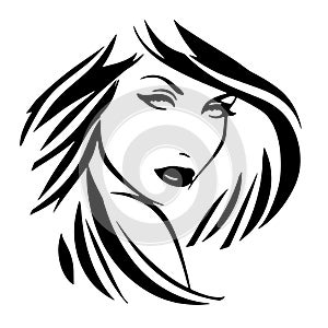 Stylized Beautiful woman\'s face with long hair silhouette. Women\'s hair beauty spa salon logo or symbol.