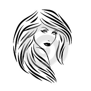 Stylized Beautiful woman\'s face with long hair silhouette. Women\'s hair beauty spa salon logo or symbol.