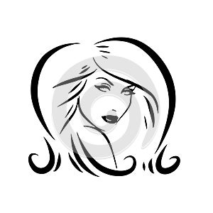 Stylized Beautiful woman\'s face with long hair silhouette. Women\'s hair beauty spa salon logo or symbol.