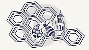 Stylized Beehive and Honeycomb Pattern with Bee, vector design Generative AI