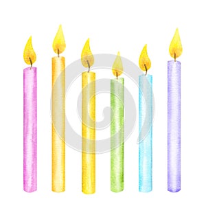 Stylized birthday burning candles in a row. Pastel rainbow colors. Happy birthday sketch. Hand drawn watercolor