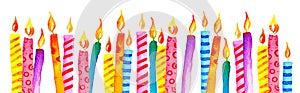 Stylized birthday candles in a row. Hand drawn cartoon watercolor sketch illustration