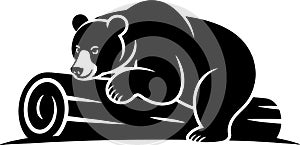 Stylized Black Bear Resting on a Log, Vector Illustration