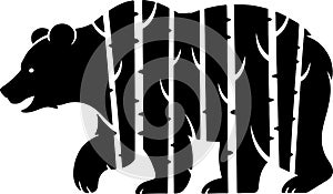 Stylized Black Bear Silhouette with Birch Tree Pattern