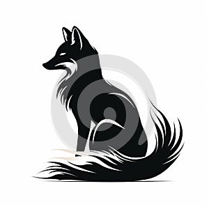 Stylized Black Fox Sitting On White Background - Caninecore Art