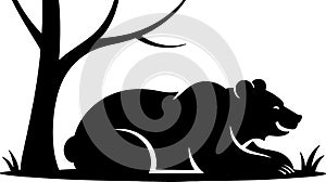 Stylized Black Silhouette of a Bear Resting Under a Tree