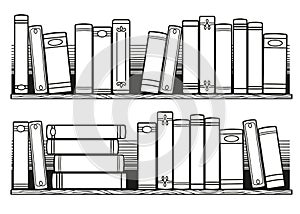 Stylized black and white books on the shelf. Coloring for adult. Printable Bullet Journal Insert Books Tracker