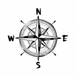 Stylized black and white compass graphic with directional indicators.