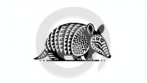 Stylized black and white illustration of an armadillo featuring g