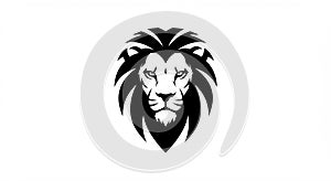 Stylized black and white lion head illustration on a white background. The design photo