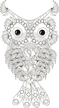 Stylized black and white owl with folded wings, hand drawn