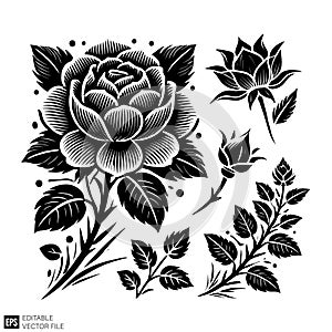Stylized Black and White Rose and Leaf Vector Set