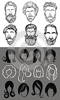 Stylized Black and White Set of different male and female icons .