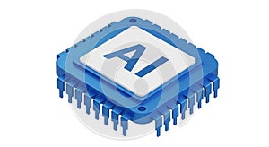 Blue 3D Microchip with AI Text on a White Square Label Against a White Background artificial intelligence