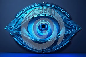 Stylized blue eye with circuit board pattern, future technology, cyber security concept.