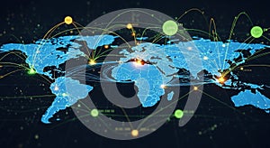 Global Network Connections: Blue World Map with Data Points and Interlinking Lines